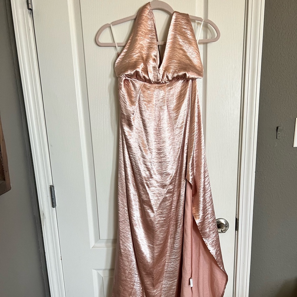 Metallic Pink Maxi Halter Formal Dress